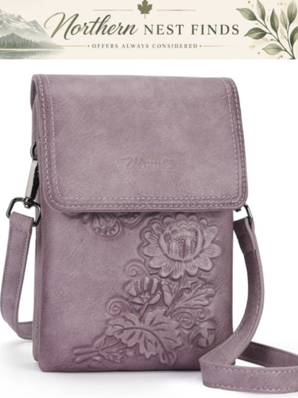 Small Crossbody Phone Bag Vegan Leather Embossed Flower Wallet Purse